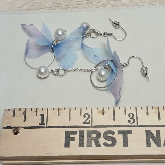 NWOT Fashion Jewelry Silver Tone Faux Pearl Dangle Blue Butterfly Earrings #18 - Picture 2 of 10
